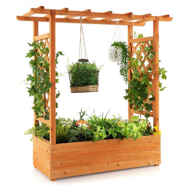 Large Wooden Raised Planter Garden Bed Container w/Top Trellis for Vine Climbing Plant Flower